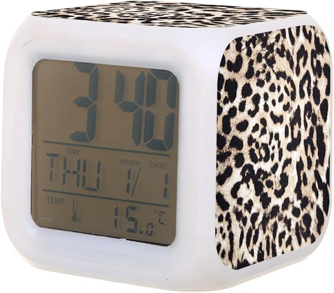 Digital Alarm Clock,Leopard Texture 7 Color Change LED Digital Alarm Clock with Date Thermometer for Toddlers,Girls and Boys