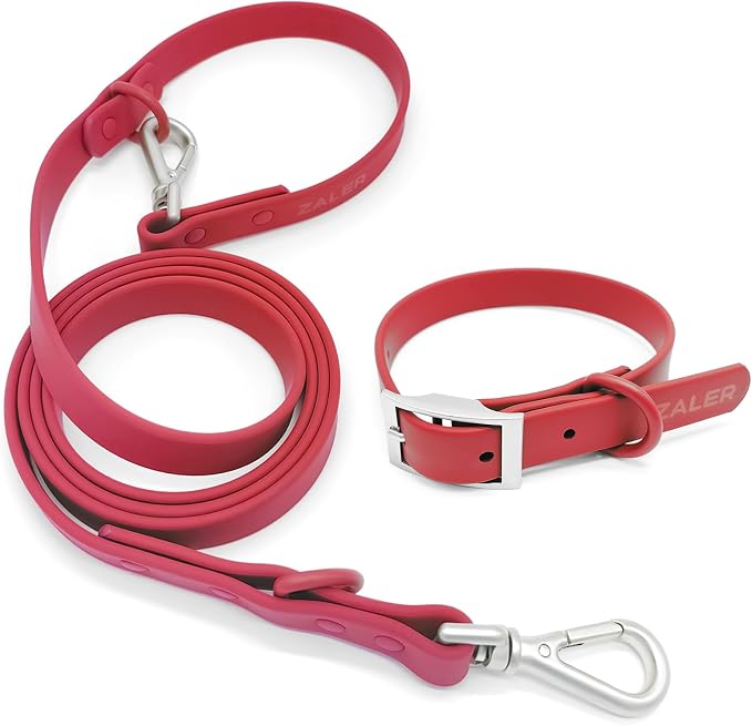 ZALER Dog Collar and Leash Set, Waterproof Adjustable Odor Proof Pet Collars Leashes Easy to Clean, 6FT Dog Leash with 2 Hooks for Large, Medium Small Dogs (XS, Red)