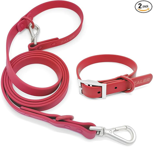 ZALER Dog Collar and Leash Set, Waterproof Adjustable Odor Proof Pet Collars Leashes Easy to Clean, 6FT Dog Leash with 2 Hooks for Large, Medium Small Dogs (S, Red)