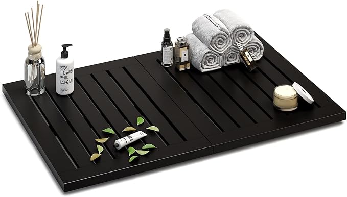 Waterproof Black Bamboo Bath Mat for Shower, Foldable | Non-Slip | Heavy Duty, Wooden Bath Mat, Floor Mat and Doormat for Indoor Outdoor