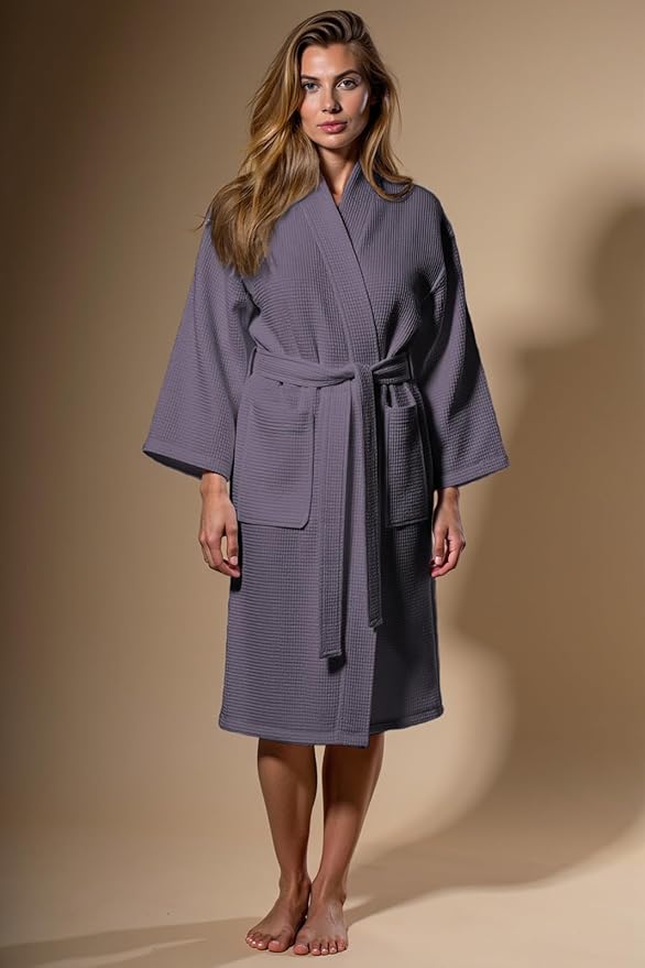 Turquaz Lightweight Waffle Knit Kimono Bathrobe - Soft Cotton Blend Spa Robe, Fast-Drying Full-Length Unisex Robes for Women