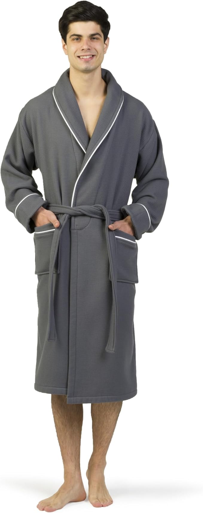 Luxury Turkish Cotton Bathrobe for Women & Men, Waffle Terry Shawl Collar Spa Robe with Satin Trim & Pockets