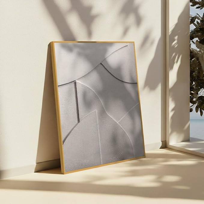Monem Art Minimalist White Geometric Texture Print - Abstract Scandinavian Wall Art Poster - Wall Decor for Living Room, Bedroom or Office - 12x16 Gold Framed CANVAS Wall Art by Mareike Bohmer
