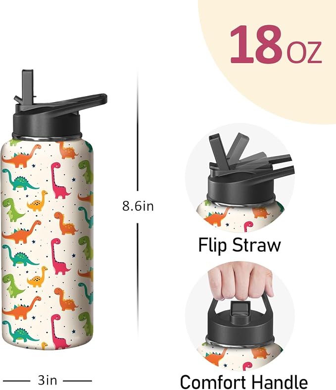 18oz Cute Dinosaur Water Bottle with Handle and Flip Straw, Animal Sports Stainless Steel Insulated Cup Travel Coffee Mug Tumbler, Birthday Mothers Day Chritmas Gifts for Women