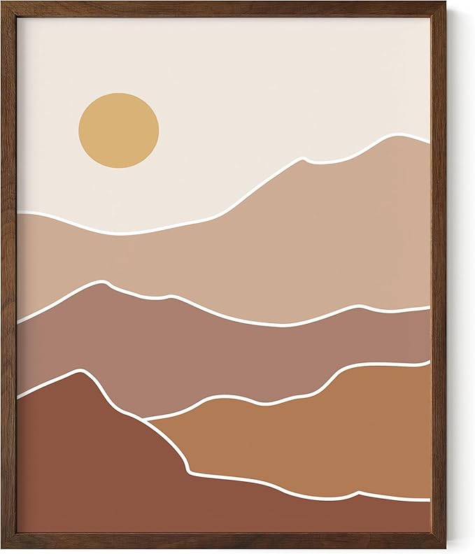 Abstract Mountain Landscape Wall Art Sun Rolling Hills Earth Tones Terracotta Mid Century Modern 8x10 Inch Oak Wood Walnut Framed Minimalist Scenery Print for Nursery Decor