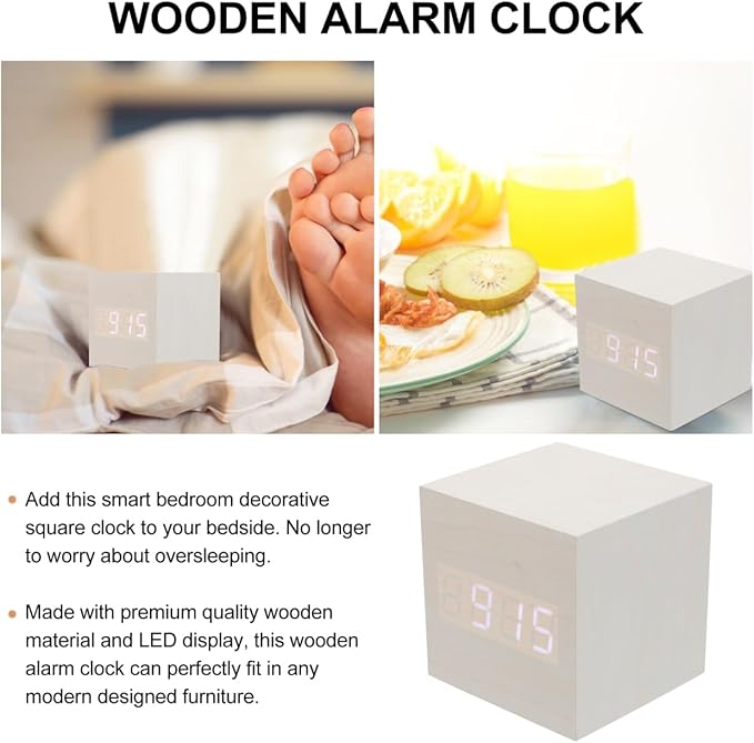 Healifty Wooden Digital Alarm Clock with Dual Led Display and Temperature Compact 2.55 Inch USB Powered Mini Clock for Bedroom and Desk Use