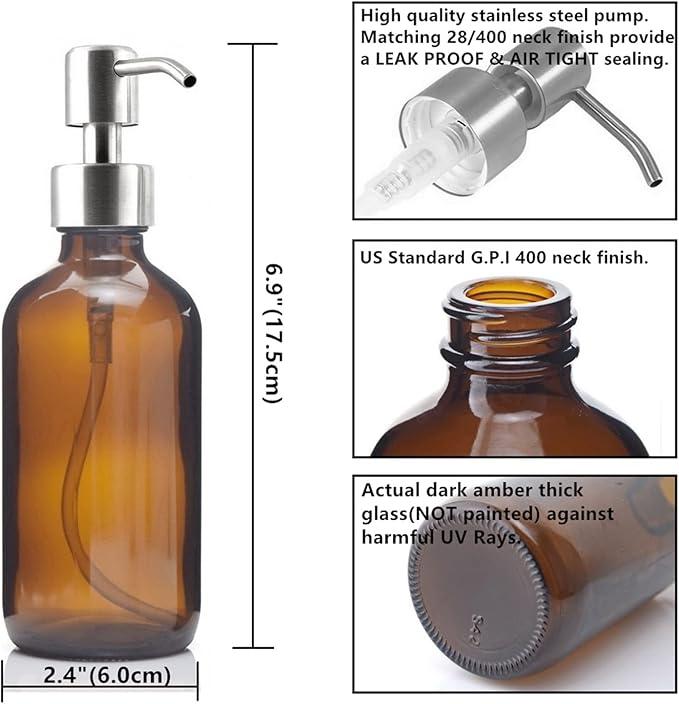 moisture Soap Dispenser Set Soap Dispenser with Stainless Steel Pump, Amber Glass Round Lotion Bottle Can Be Filled with Soap Dispenser (2 Pieces) Home Soap Dispenser (Color : A)