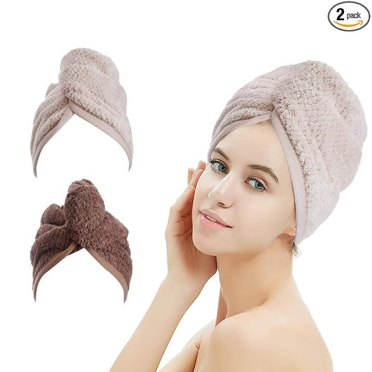 M-bestl 2 Pack Hair Drying Towels,Hair Wrap Towels,Absorbent Microfiber Hair Towel Turban with Button Design to Dry Hair More Quicker（Coffee&Khaki）