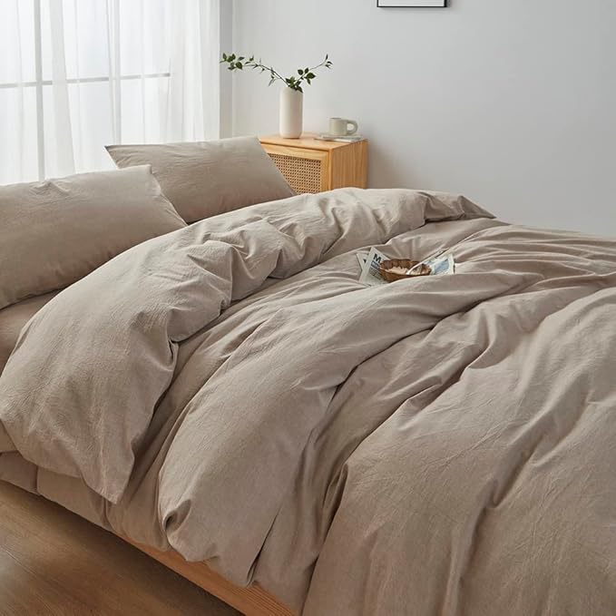 FACE TWO FACE Bedding Duvet Cover Set 3 Pieces 100% Washed Cotton Duvet Cover Linen Like Textured Breathable Durable Soft Comfy (California King, Khaki)