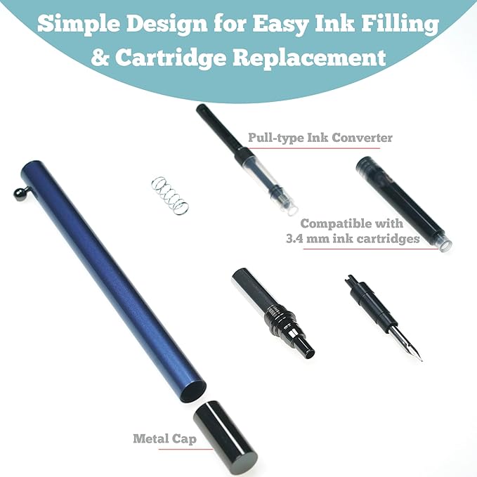 Retractable Fountain Pen – 0.38 mm Extra Fine Nib Fountain Pen, Smooth Fancy Pens with Converter, 6 Ink Cartridges & Gift Pouch for Writing (Blue)