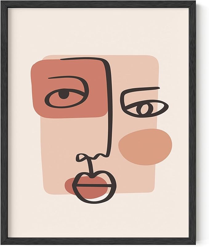 Abstract Face Wall Art Continuous Line Drawing Organic Shapes Earth Tones Terracotta Mid Century Modern 11x14 Inch Oak Wood Black Framed Minimalist Portrait for Bedroom Decor