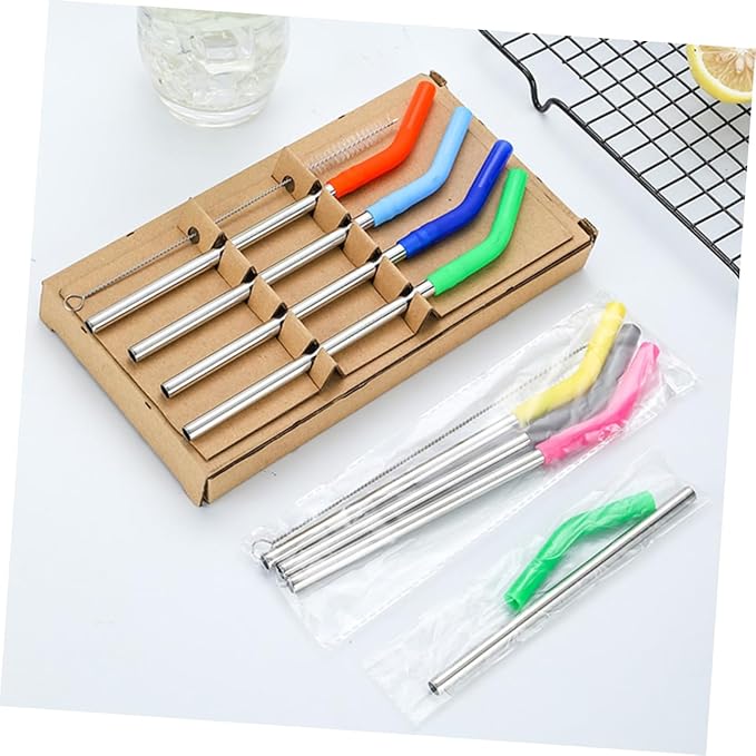 Garneck Reusable Stainless Steel Straws Set with Silicone Sleeves Cleaning Brush Mixed Colors Drinking Straws for Home Office Travel and Outdoor Use