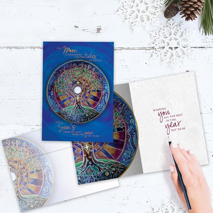 Tree-Free Greetings Winter Solstice Cards - 16 Recycled 5x7 Cards & Matching Envelopes, Thick Cardstock, Sustainably Made in USA - Peaceful Snowy Evenings