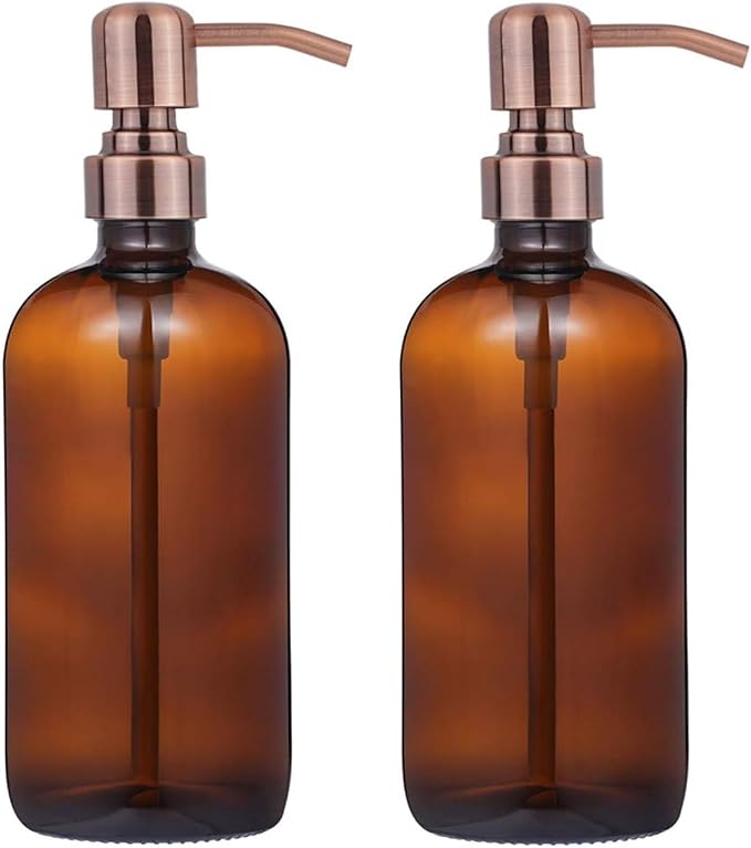 2 Pack Thick Amber Glass Pint Jar Soap Dispenser with Copper Stainless Steel Pump, 16ounce Boston Round Bottles Dispenser with Rustproof Pump for Essential Oil, Lotion Soap | Copper Stainless Steel Pumps