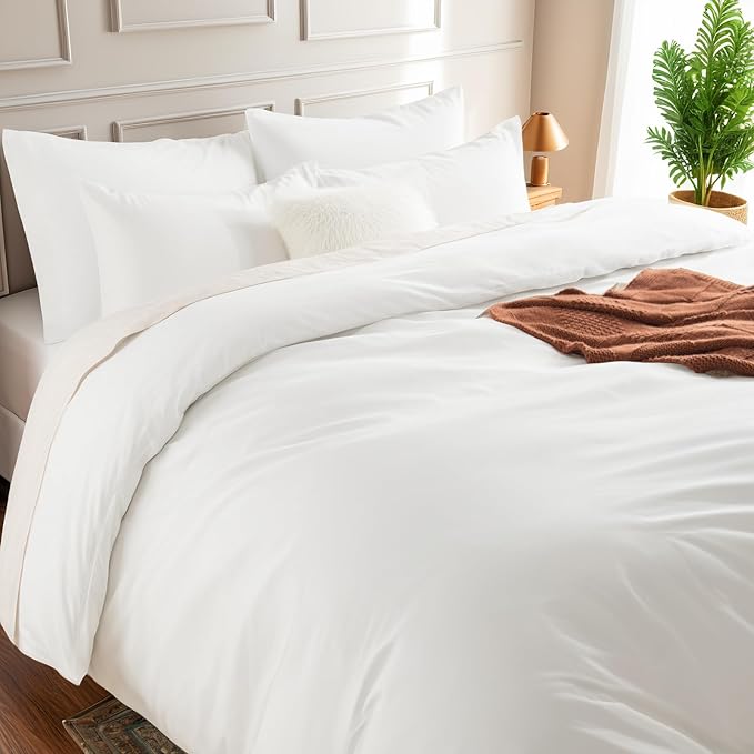 NEXHOME PRO Duvet Cover Set Super King 108"x98" Linen Look Textured Cream White Organic Natural 100% Washed Cotton Duvet Cover 3 Pieces Bedding Set with Zipper Closure, Breathable (No Comforter)