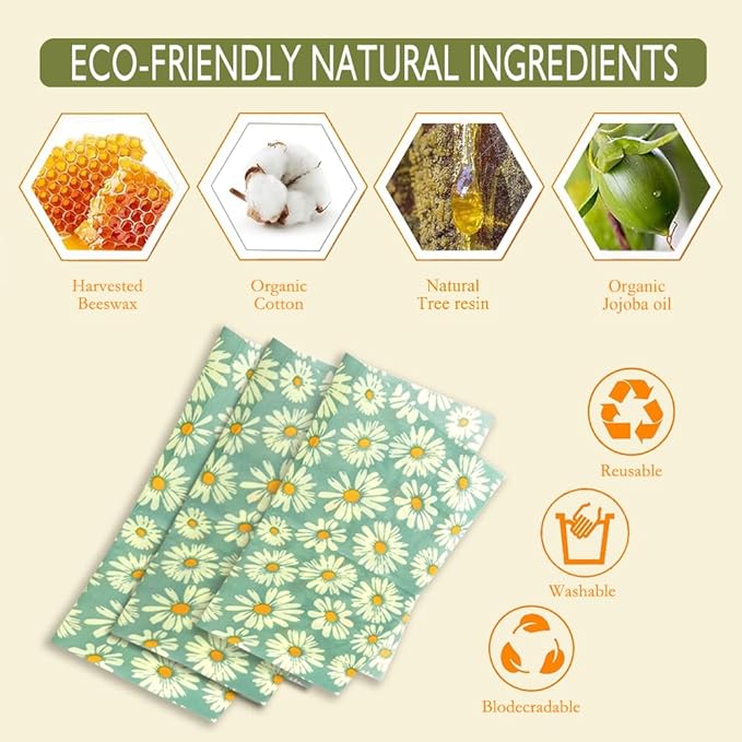 Beeswax Wraps for food 3-Pack, bee wraps reusable with Multi-function brush, Eco-Friendly to Wrap Fruits & Bread,sandwich Wraps (S,M,L) with Daisy Design
