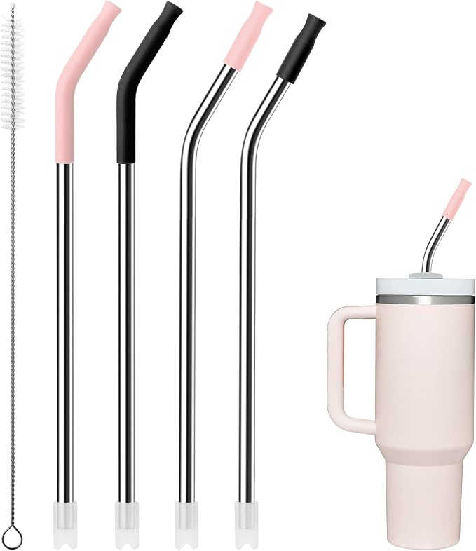 4Pack Reusable Stainless Steel Metal Straws for 40 oz Tumblers | Long Drinking Straws with Colourful Silicone Tips, Cleaning Brushes Included