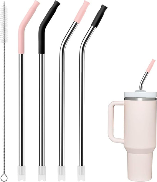4Pack Reusable Stainless Steel Metal Straws for 40 oz Tumblers | Long Drinking Straws with Colourful Silicone Tips, Cleaning Brushes Included