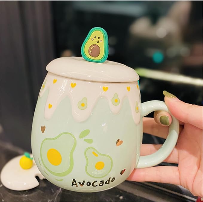 Coffee Mug Cups Ceramic Tea Cup Fruits Avocado Shaped Handmade Pottery Cute Mugs With Lid Spoon Handle Office Home Hot Ice Chocolate Milk Mugs Gifts Microwave Dishwasher Safe Travel Mugs (Green)