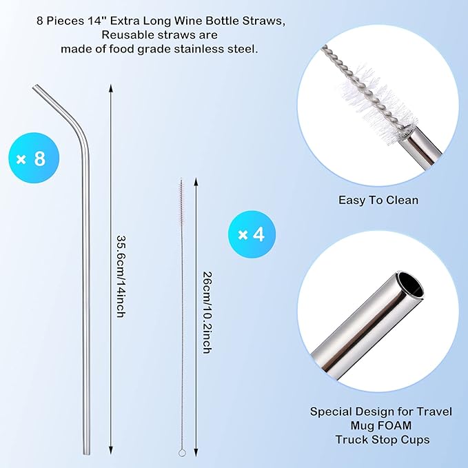 Geiserailie 8 Pieces 14 Inch Reusable Stainless Steel Straws Long Drinking Straws for 100 oz Tumblers, Extra with 4 Pieces Cleaning Brush(Silver)