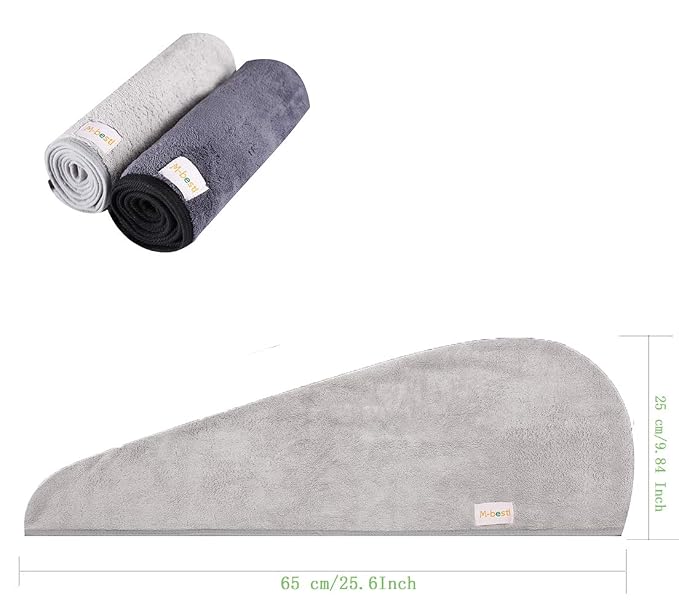 M-bestl 2 Pack Hair Drying Towels, Anti-frizz Hair Towel Wrap, Absorbent Microfiber Hair Towel Turban with Button Design for Straight Curly Hair (Dark Gray&Light Gray)