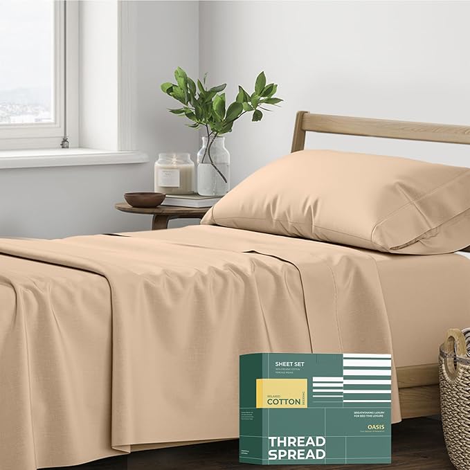 THREAD SPREAD 100% Organic Cotton Sheets Twin XL Size - 3 PC Organic Cotton Twin XL Size Percale Weave Sheet Set, Soft, Cooling, Crisp & Breathable, 16" Deep Pocket Bedding Set for Dorm Room - Taupe