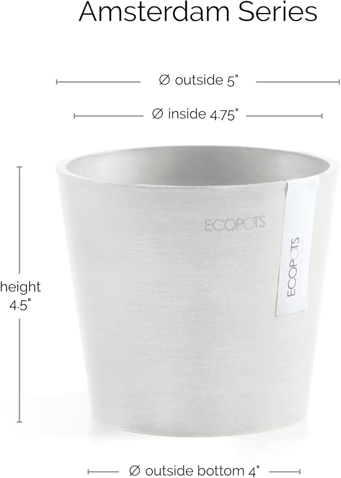 Ecopots Amsterdam Mini Durable Modern Round Recycled-Based Composite Flower Pot Planter, Pure White, 5"