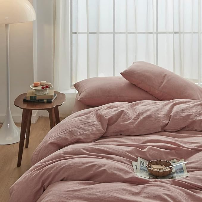 FACE TWO FACE Bedding Duvet Cover Set100% Washed Cotton Duvet Cover Linen Like Textured Breathable Durable Soft Comfy (California King, Old Pink)