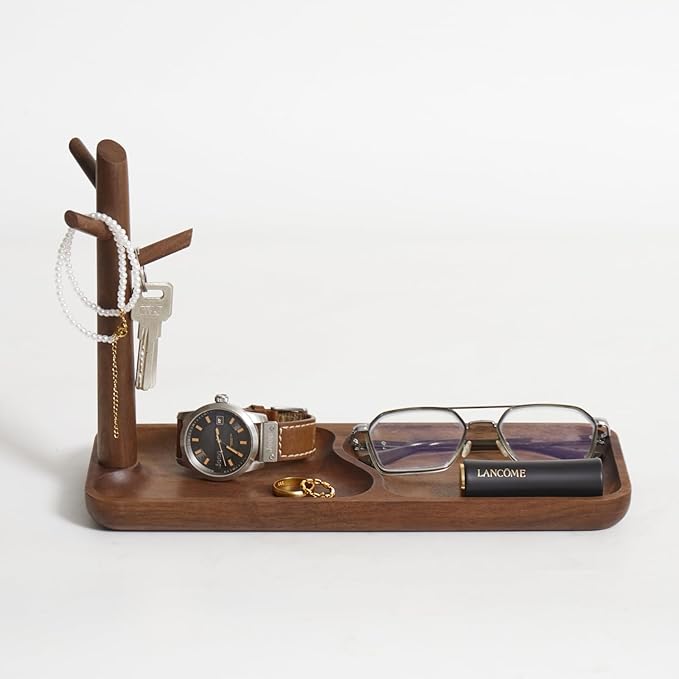Black Walnut Solid Wood Key Dish Bowl for Entryway Table Square Tray With 3 Hooks, Open Storage for Keys, Wallet, Jewelry (Walnut, Rectangle)