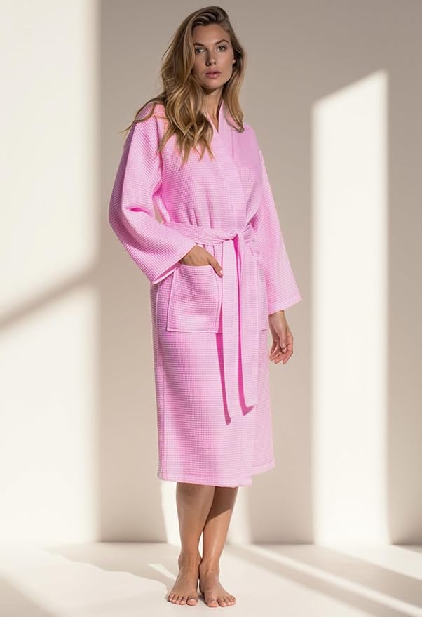 Turquaz Lightweight Waffle Knit Kimono Bathrobe - Soft Cotton Blend Spa Robe, Fast-Drying Full-Length Unisex Robes for Women