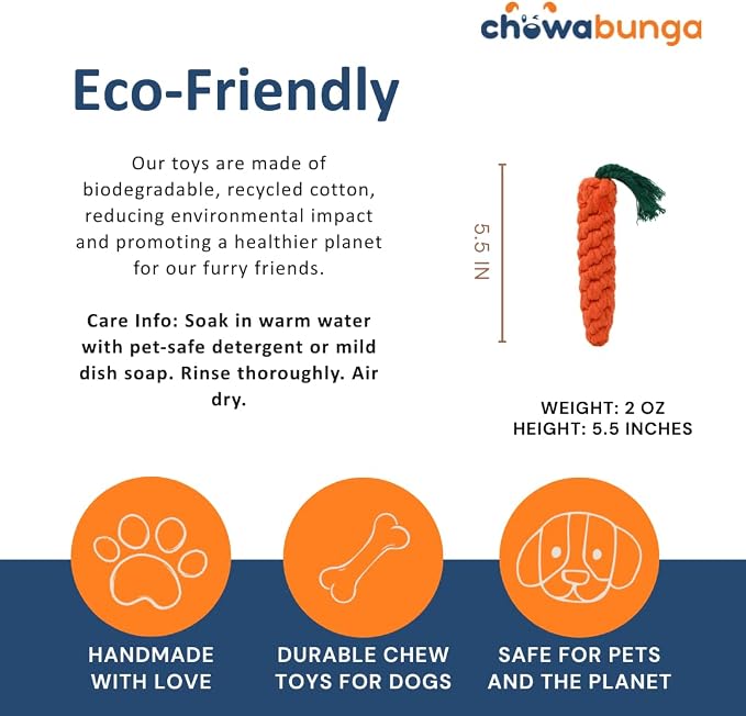 Carrot Dog Toy 5.5 Inch Handmade Eco Cotton Rope Dog Toy Carrot Chew Toy for Dogs - Made with Natural, Non-Toxic Dyes - Carrot Toy Great for Puppy Teething Toys and Cats (Orange) 2PK