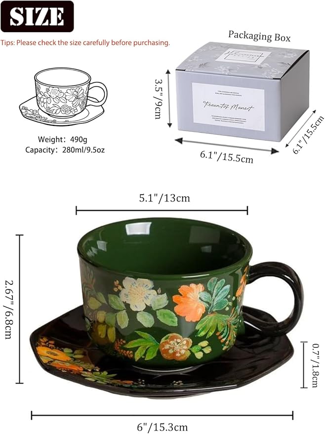 Green Floral Coffee Cup and Saucer Set, 9.5 oz (280ml) Ceramic Tea Cup with Saucer, Glossy Finish Botanical Mug for Espresso, Cappuccino, Latte, Home Kitchen, Office Gift