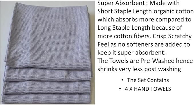 Waffle Hand Towels Pack of 4, 20X29 INCHES, 100% Natural Organic Cotton GOTS Certified (LANGUID Lavender) Super ABSORBANT & Quick Dry, NO SOFTENERS, Environment Friendly