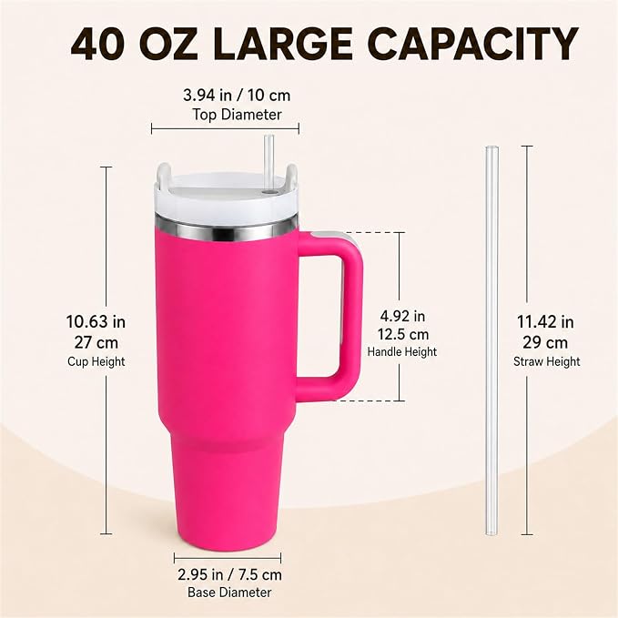 Pandance 4 Pack 40 oz Tumbler with Handle and Straw Bulk, Rose | Stainless Steel Vacuum Insulated Travel Mug, Sturdy Screw-on lid, Cup Holder Friendly, Large Capacity Cup For Iced Coffee