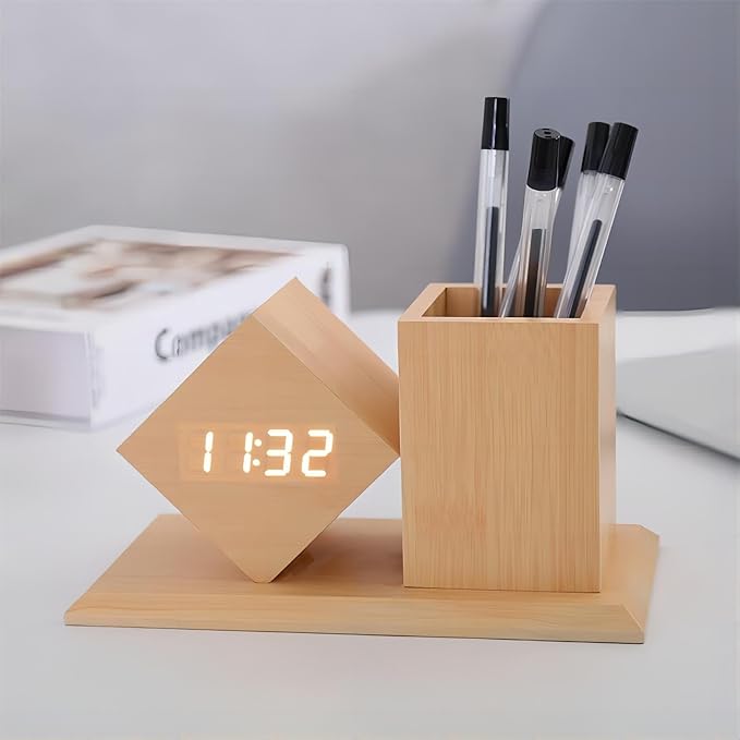 Digital Alarm Clock LED with Temperature Calendar Display 3 Level Brightness Adjustment Sound Activated Multifunctional Home Office Pencil Holder Desk Organizers
