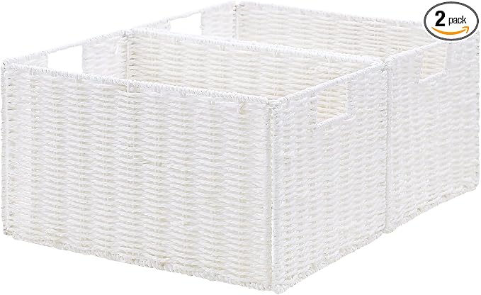 Vagusicc Wicker Storage Basket, Set of 2 Hand-Woven Paper Rope Wicker Basket, Small Storage Baskets for Organizing Toilet Paper Basket, Foldable Large Cube Storage Organizer Bins for Shelves (White)
