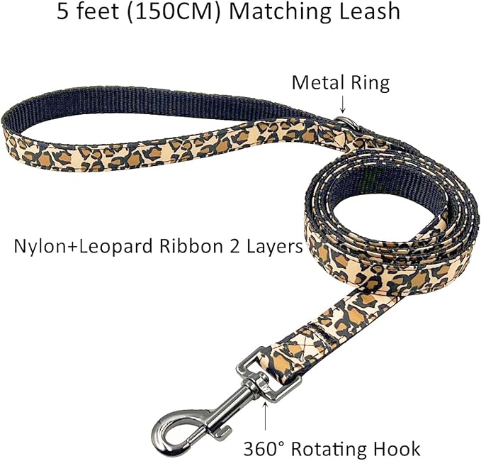 Dog Collar Leash Set, Leopard Pattern, Nylon Webbing Plus Cotton Ribbon, 5ft Matching Leash, for Small Dogs.(S, Brown Leopard)