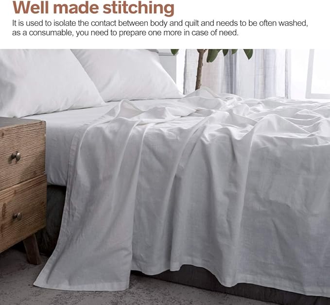 BISELINA Linen Sheet French Flax Flat Sheet Only 55% Euro Linen 45% Cotton Basic Style Solid Color Soft Breathable Farmhouse Top Sheet 1-Piece (Full, White)