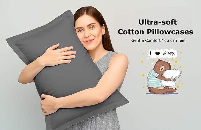 2 Pack Pillow Shams Standard Size 20x26 – 600 Thread Count 100% Organic Cotton Grey Pillow Covers with 2 Inch Flange, Soft & Smooth Premium Hotel-Quality Pillowcases Set of 2
