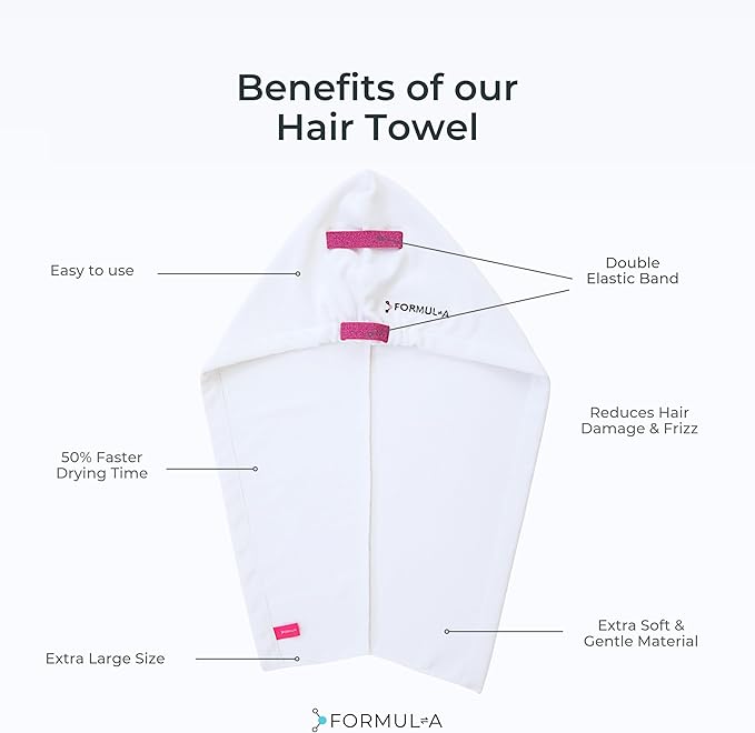 FORMUL-A Microfiber Hair Towel Wrap – Anti Frizz Towel - Fast Hair Drying Towel Wrap – Hair Care Products – Hair Plopping Wrap Towel – Hair Turban for Wet Hair – Super Absorbent (White/Pink Straps)