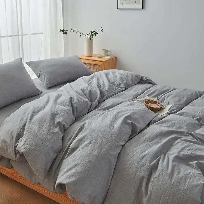 FACE TWO FACE Bedding Duvet Cover Set100% Washed Cotton Duvet Cover Linen Like Textured Breathable Durable Soft Comfy (California King, Light Grey)