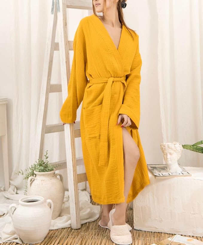 100% Cotton Muslin Kimono Robe for Women, Lightweight Gauze Bathrobe, Soft Breathable Spa Robe