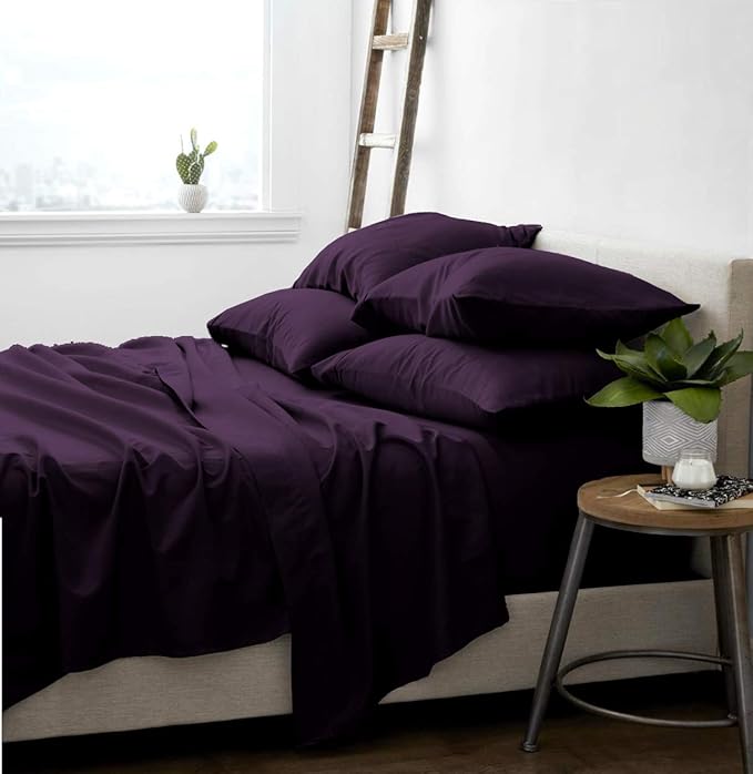 Femini Fashion 100% Organic Cotton Bed Sheets 800-Thread-Count, 16-Inch Deep-Pocket, Luxury Breathable Crisp 4-Piece Bed Sheet Set (1 Flat Sheet, 1 Fitted Sheet, 2 Pillowcases) - Twin, Plum