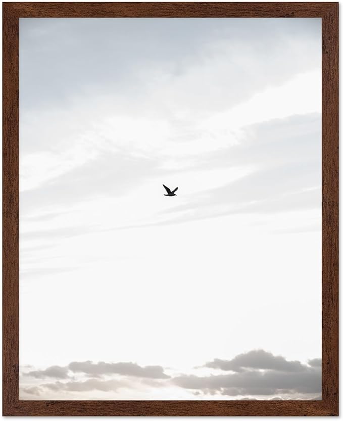 Monem Art Minimalist Bird in Sky Photography Print - Moody Nordic Landscape Art Poster - Wall Decor for Living Room, Bedroom or Office - 12x16 Brown Framed Wall Art by Mareike Bohmer