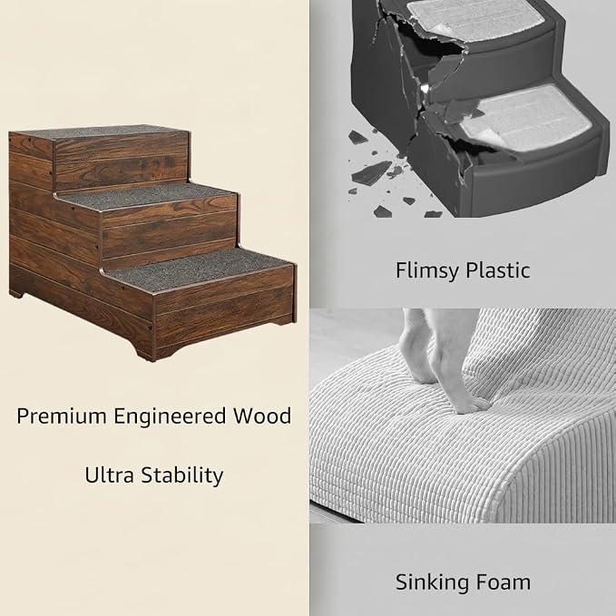 beeNbkks Dog Stairs Furniture, Extra Wide Wooden Pet Steps for Medium Large Dogs and Cats, Non-Slip Pet Ladder for Elderly Injured Pets Short Legged Puppy to Reach Couch Sofa High Bed Windowsill