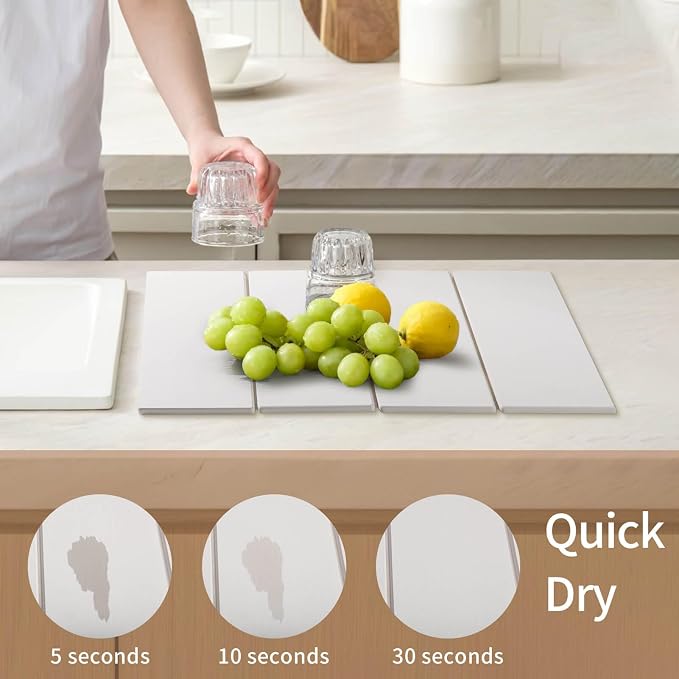 Stone Dish Drying Mat - Large Foldable Marbled Quick Drying Dish Mats, Stone Coasters Set of 4 Collapsible Ultra Absorbent Diatomaceous Earth Mats for Kitchen Counter Bathroom (White-4Pcs)