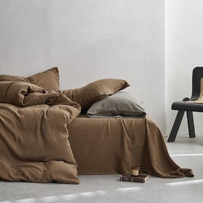 Muslin Duvet Cover Set 100% Cotton Queen Size,Double-Layer Linen Like Gauze Comforter Cover Brown 3 Pieces,Okeo-tex 100 Certified Duvet Cover 90"x90" with 2 Pillowcases for All Season