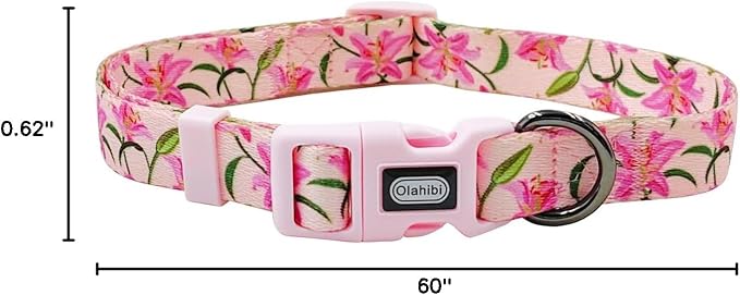 Dog Collar Leash Set, Floral Pattern, Polyester Material, Adjustable Collar and 5ft Matchcing Leash, for Puppy Dogs.(XS, Pink Lily)