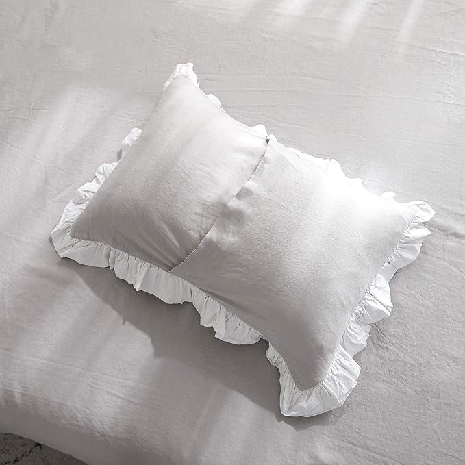Simple&Opulence 100% Linen Duvet Cover Set (104"x92") Floral Flax King Size, Shabby Chic Ruffle Edge Lace Insert Decoration, 3 Pcs Farmhouse Bedding-1 Comforter Cover 2 Pillow Shams, Floral Grey