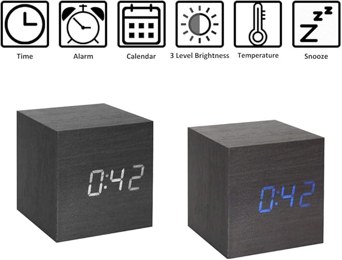 ThreeH Wooden Digital Alarm Clock,Cube Little Clock with LED Temperature Time Calendar Display,Sound Control,Snooze Mode,USB/Battery Powered Clock for Home Office AC10 Black_Blue